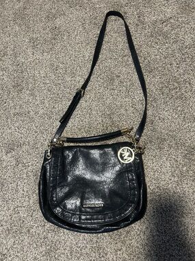 Michael Kors Black Leather Crossbody with Gold Logo Charm